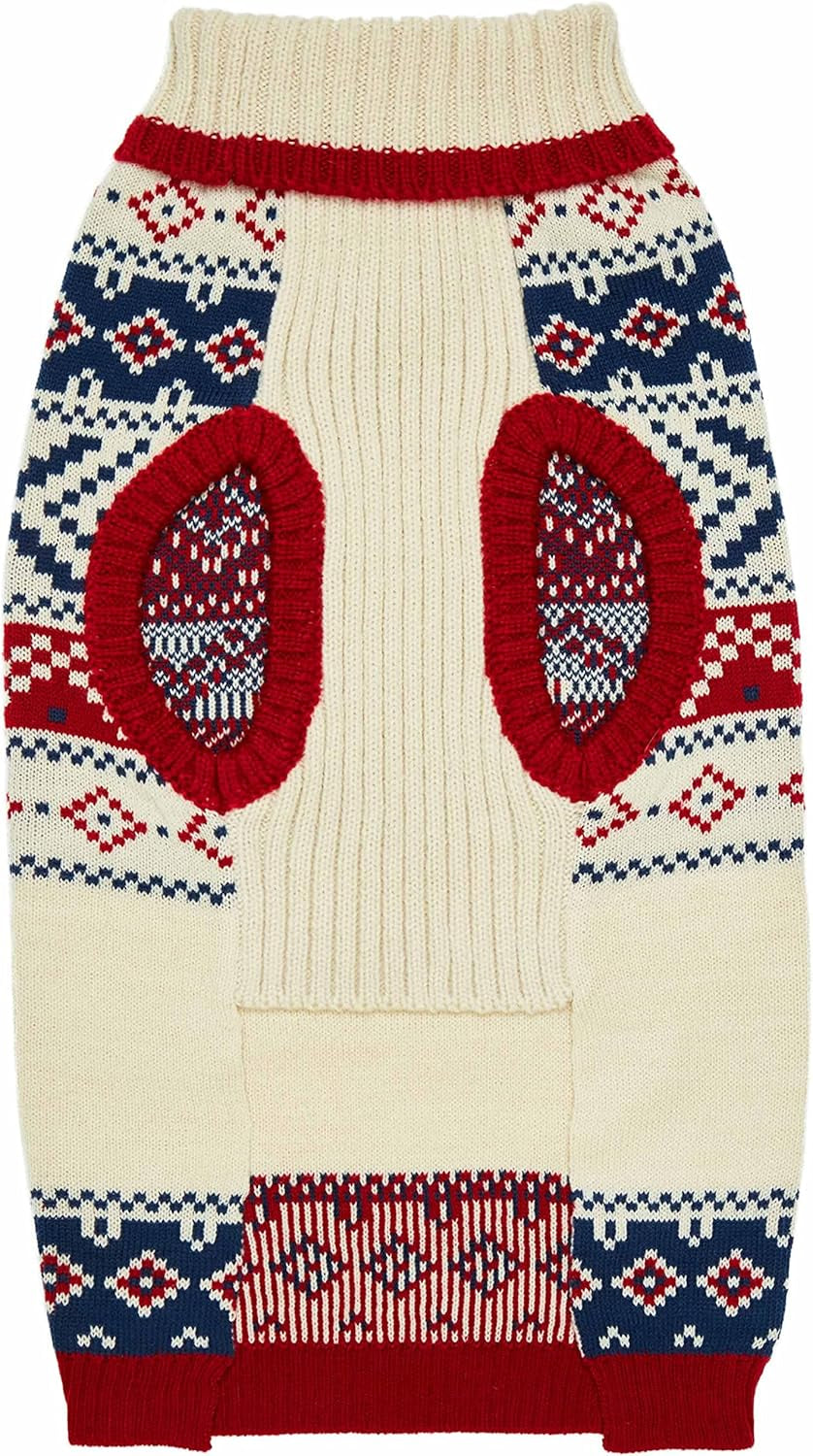 Holiday Christmas Chic Turtleneck Fair Isle Fall Winter Pullover Dog Sweater in Creamy White, Back Length 16", Warm Clothes for Large Dogs