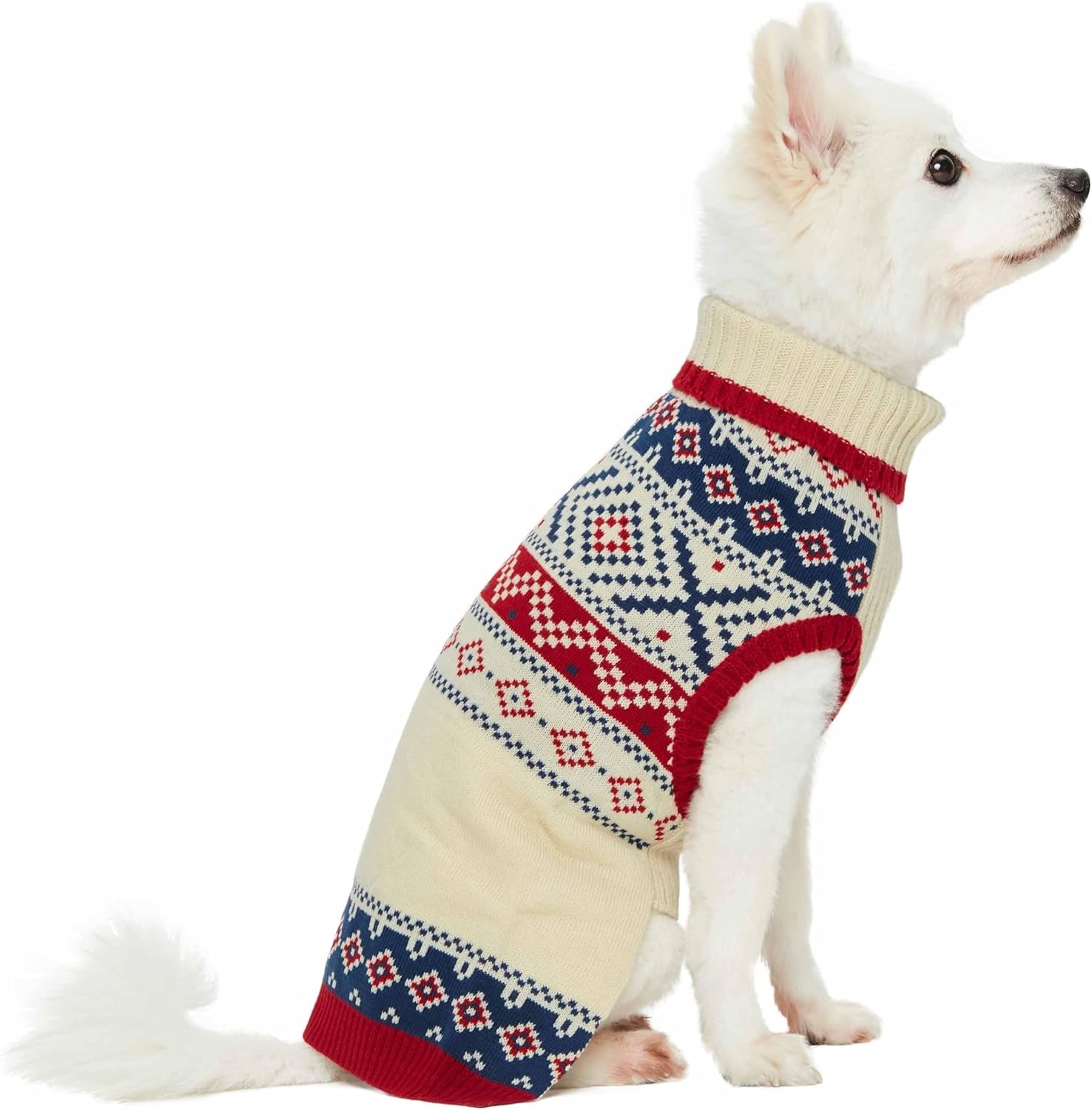 Holiday Christmas Chic Turtleneck Fair Isle Fall Winter Pullover Dog Sweater in Creamy White, Back Length 16", Warm Clothes for Large Dogs