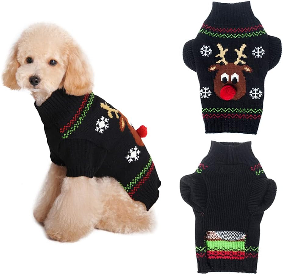Pet Holiday Festive Deer Reindeer Cat & Dog Sweater - Winter Clothing Teddy Poodle Autumn & Winter Clothes - Red Nose, Medium