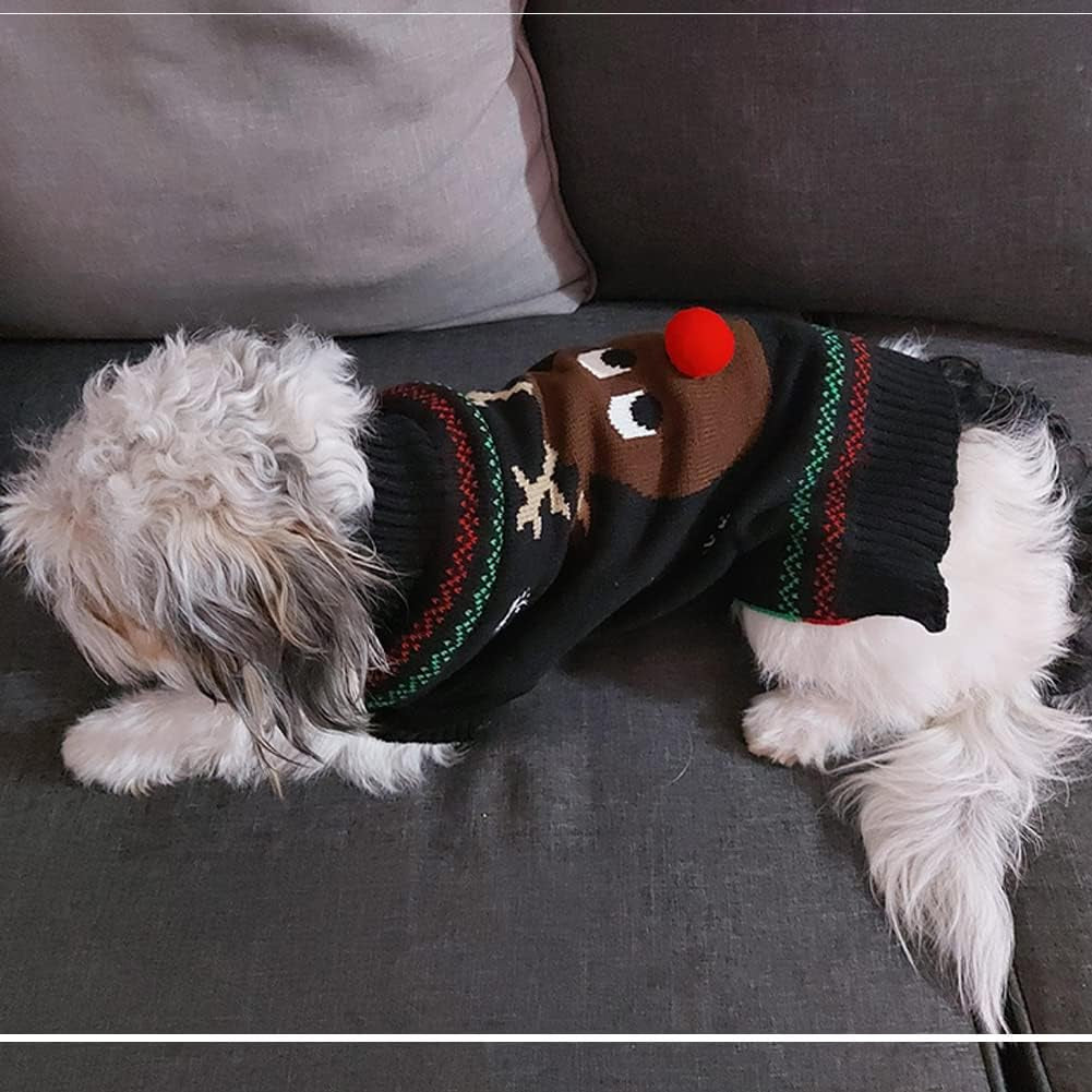 Pet Holiday Festive Deer Reindeer Cat & Dog Sweater - Winter Clothing Teddy Poodle Autumn & Winter Clothes - Red Nose, Medium