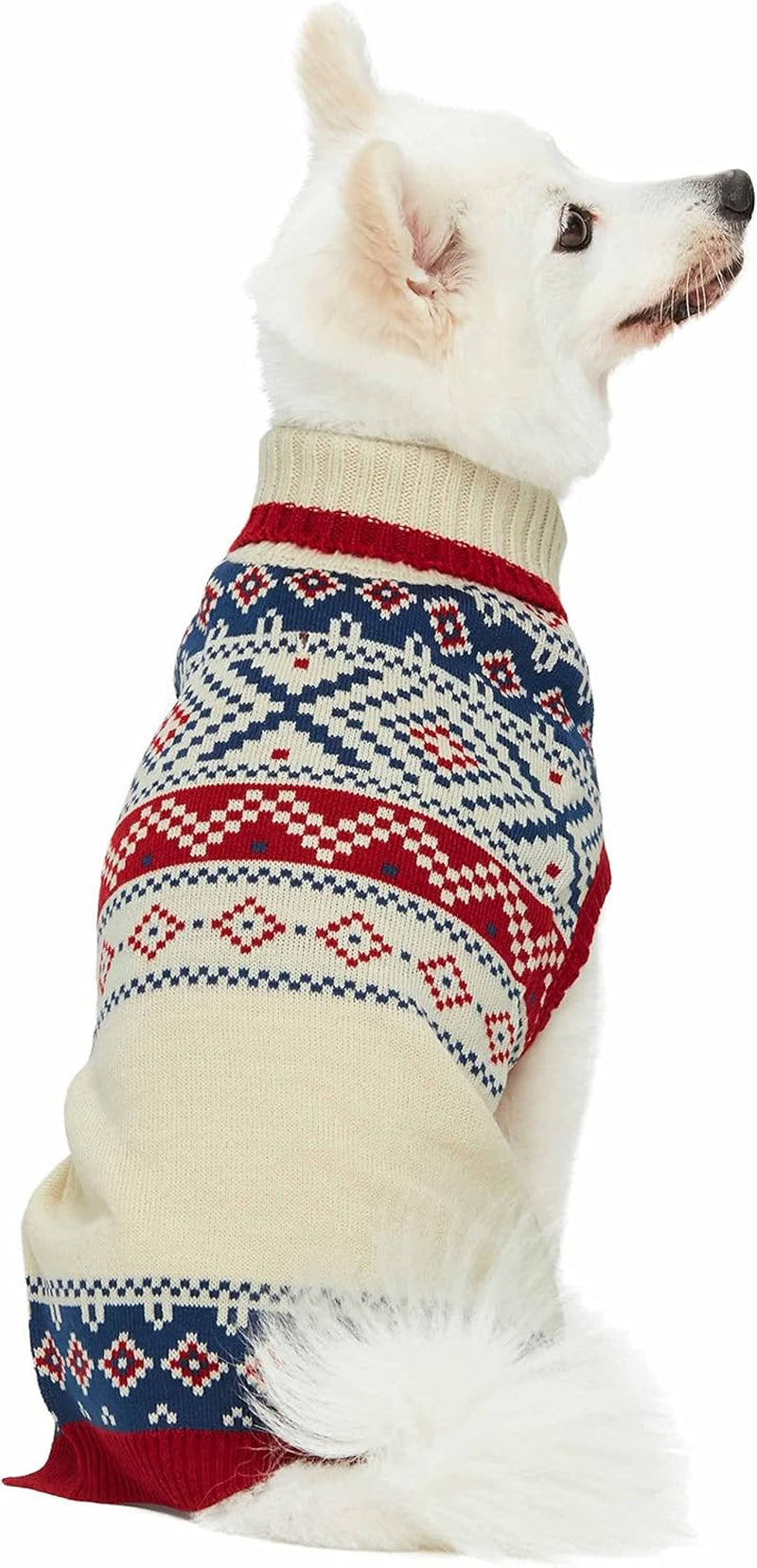Holiday Christmas Chic Turtleneck Fair Isle Fall Winter Pullover Dog Sweater in Creamy White, Back Length 16", Warm Clothes for Large Dogs