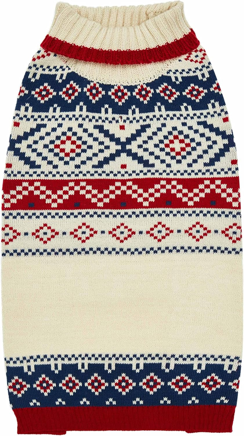 Holiday Christmas Chic Turtleneck Fair Isle Fall Winter Pullover Dog Sweater in Creamy White, Back Length 16", Warm Clothes for Large Dogs