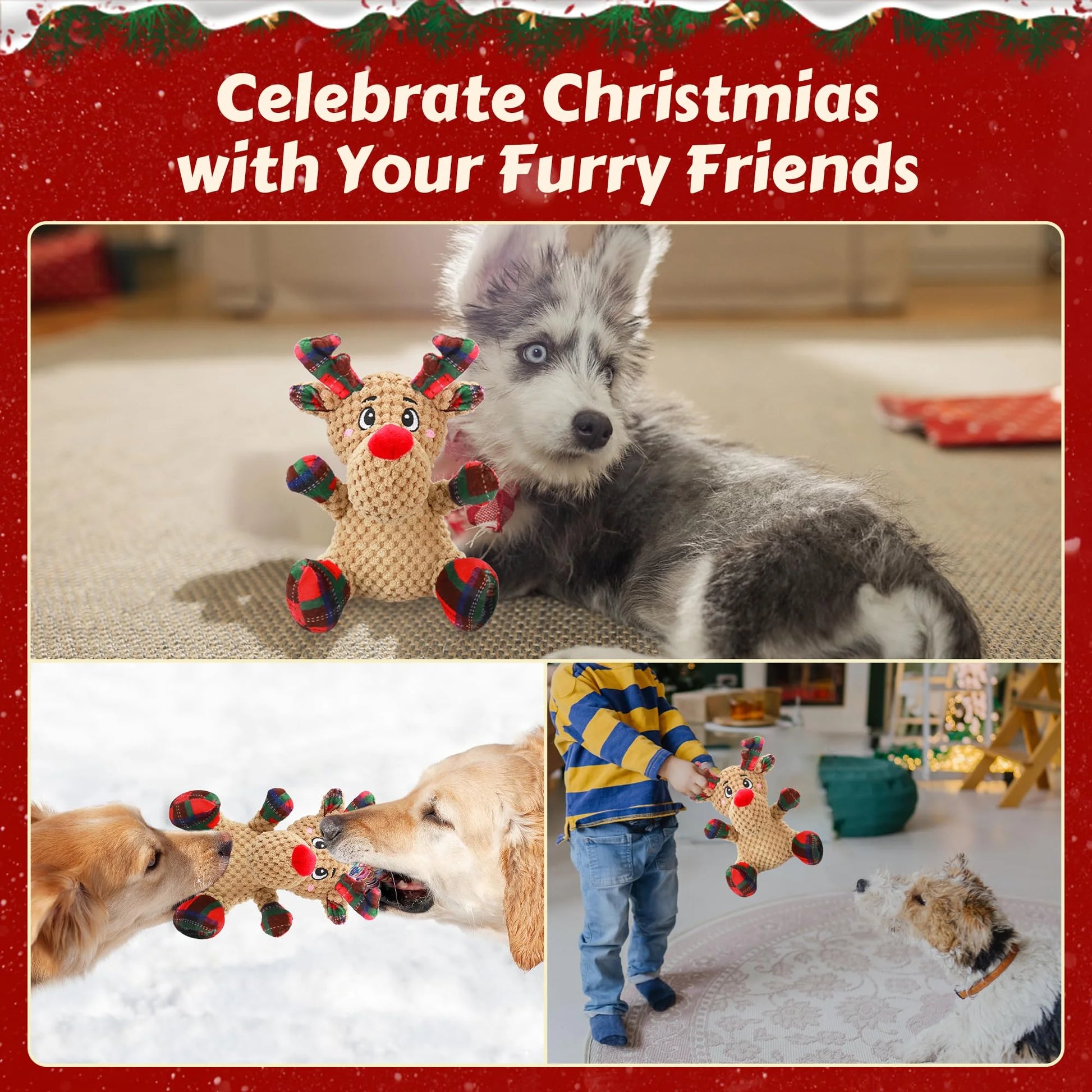 Squeaky Dog Toys, Dog Chew Toys with Crinkle Paper for Puppy, Small, Medium, Large Dogs, Interactive Pet Holiday Toys for Training and Reducing Boredom