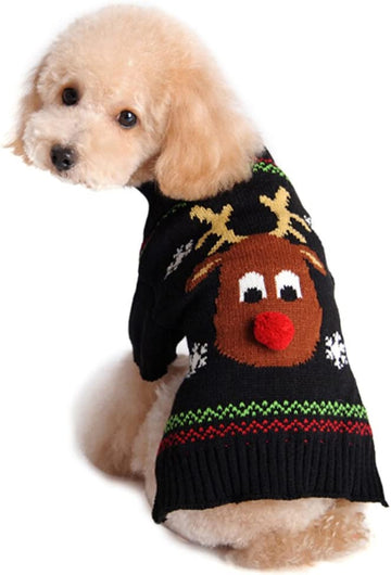 Pet Holiday Festive Deer Reindeer Cat & Dog Sweater - Winter Clothing Teddy Poodle Autumn & Winter Clothes - Red Nose, Medium