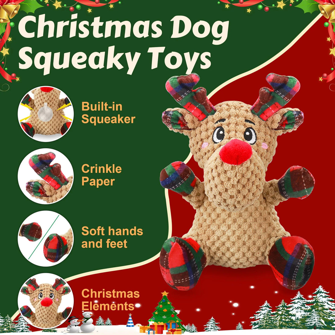 Squeaky Dog Toys, Dog Chew Toys with Crinkle Paper for Puppy, Small, Medium, Large Dogs, Interactive Pet Holiday Toys for Training and Reducing Boredom